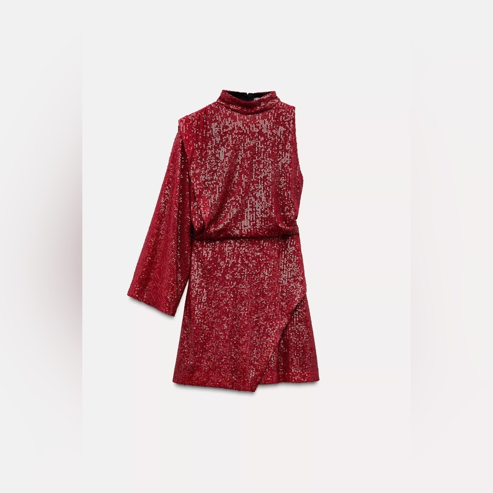 Zara sequin red one shoulder open back mini dress holiday evening party